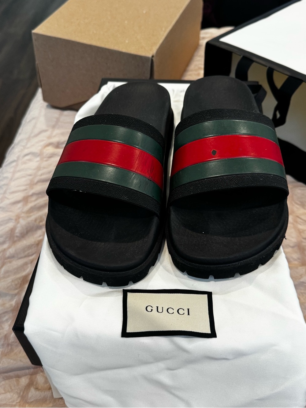 Gucci Black Slides with Green and Red Stripe Band